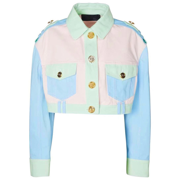 {EAM} New Europe and the United States high-quality goods supply short top high and thin quality women's color denim coat DLZ282