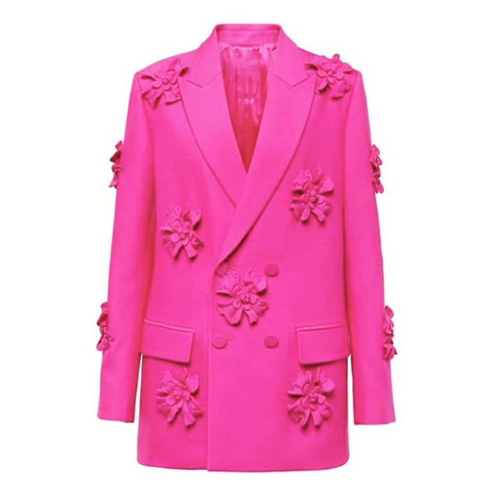 {EAM} Spring and autumn new fashion double breasted heavy industry hand set three-dimensional flower suit jacket top DLZ290