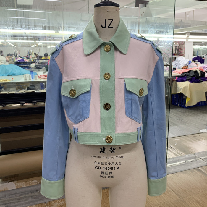 {EAM} New Europe and the United States high-quality goods supply short top high and thin quality women's color denim coat DLZ282