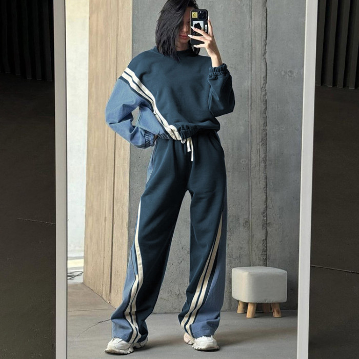 {EAM} American sports style color striped hoodie set pullover jacket drawstring pants two-piece set DLZ288