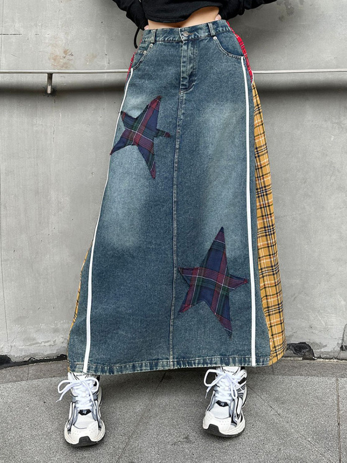 [EAM] High Elastic Waist Blue Back Plaid Denim Long A-line Half-body Skirt Women Fashion Tide New Spring Autumn  1DH8117