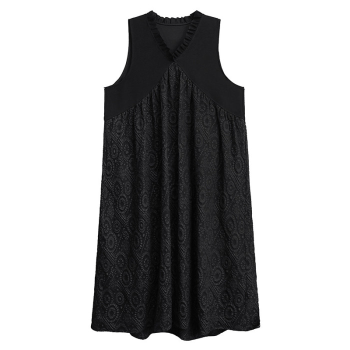 [EAM] Women Black Pattern Textured Big Size Midi Vest Dress New V-Neck Sleeveless Fashion Tide Spring Autumn 2024  1DH8068