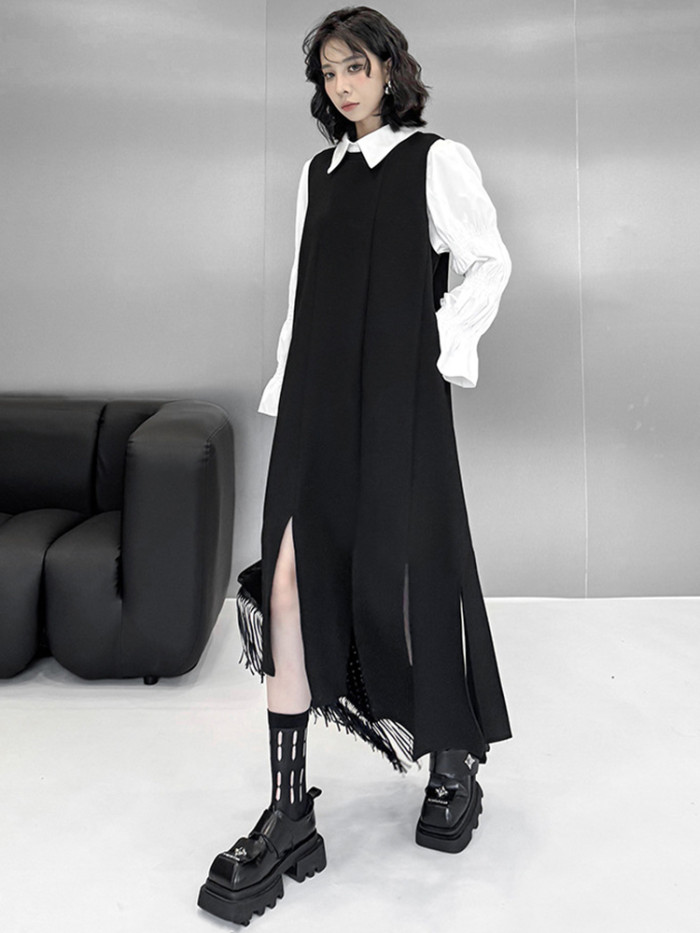 [EAM] Women Black Irregular Ribbons Big Size Strap Dress New Round Neck Sleeveless Fashion Tide Spring Autumn 2024 1DH8059