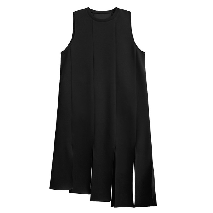 [EAM] Women Black Irregular Ribbons Big Size Strap Dress New Round Neck Sleeveless Fashion Tide Spring Autumn 2024 1DH8059