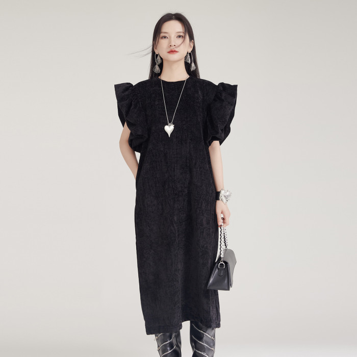 [EAM] Women Black Ruffles Velvet Big Size Shaped Elegant Dress New Round Neck Sleeveless Fashion Tide Spring Autumn 2024 1DH8031