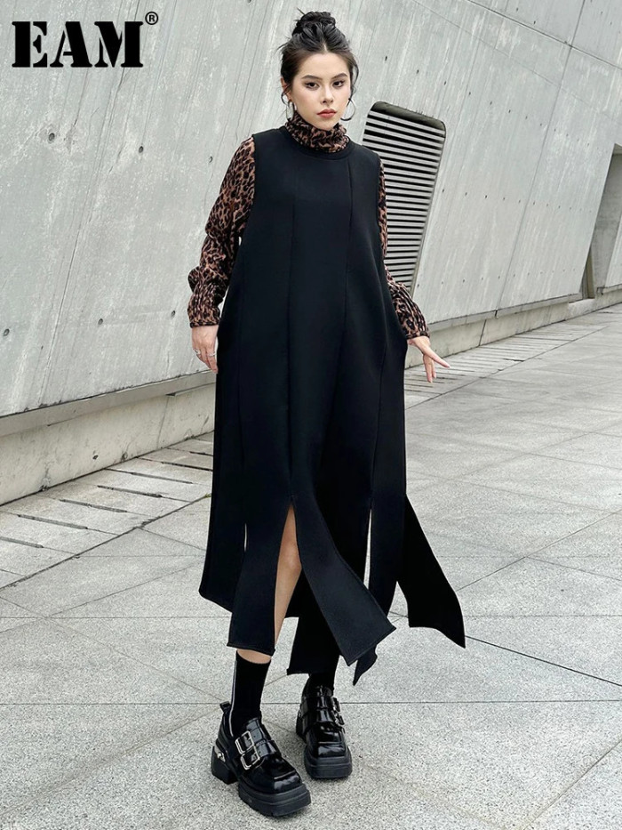 [EAM] Women Black Irregular Slit Hem Big Size Vest Dress New Round Neck Sleeveless Fashion Tide Spring Autumn  1DH8121