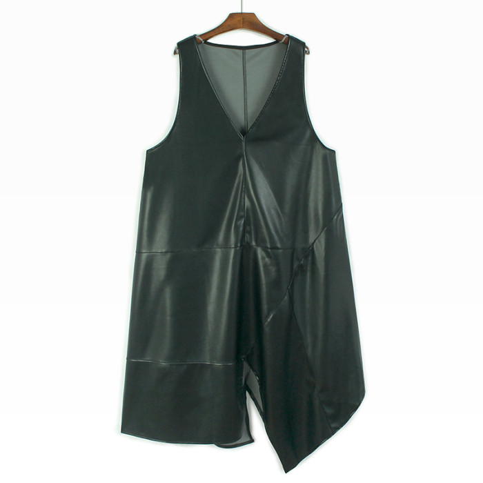 [EAM] Women Black Pu Leather Irregular Hem Big Size Vest Dress New V-Neck Sleeveless Fashion Tide Spring Autumn 2024 1DH8080