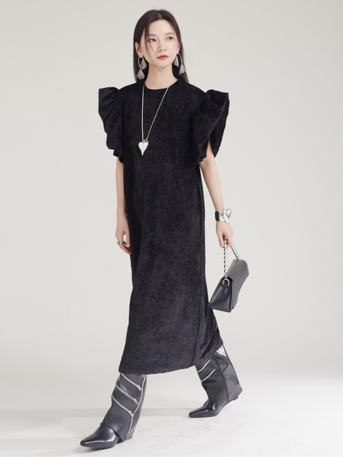[EAM] Women Black Ruffles Velvet Big Size Shaped Elegant Dress New Round Neck Sleeveless Fashion Tide Spring Autumn 2024 1DH8031
