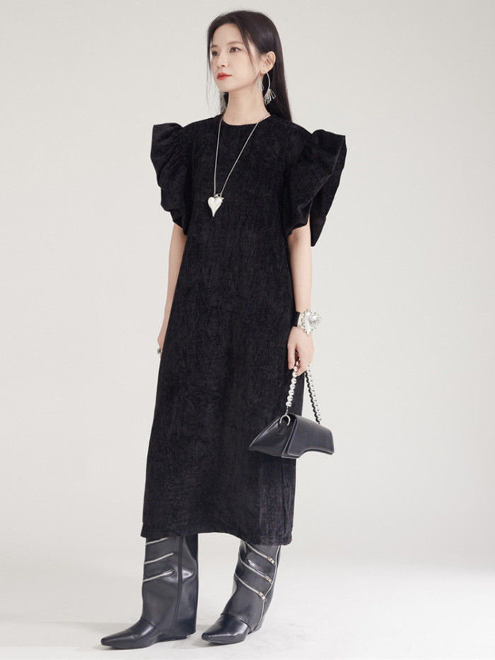 [EAM] Women Black Ruffles Velvet Big Size Shaped Elegant Dress New Round Neck Sleeveless Fashion Tide Spring Autumn 2024 1DH8031