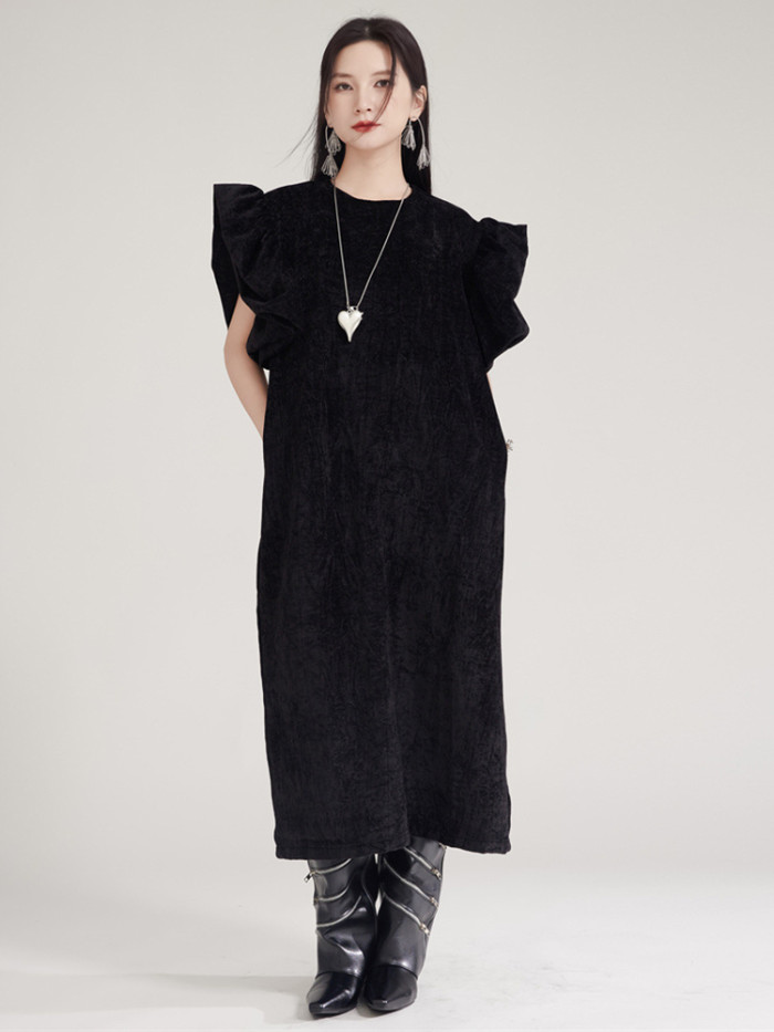 [EAM] Women Black Ruffles Velvet Big Size Shaped Elegant Dress New Round Neck Sleeveless Fashion Tide Spring Autumn 2024 1DH8031
