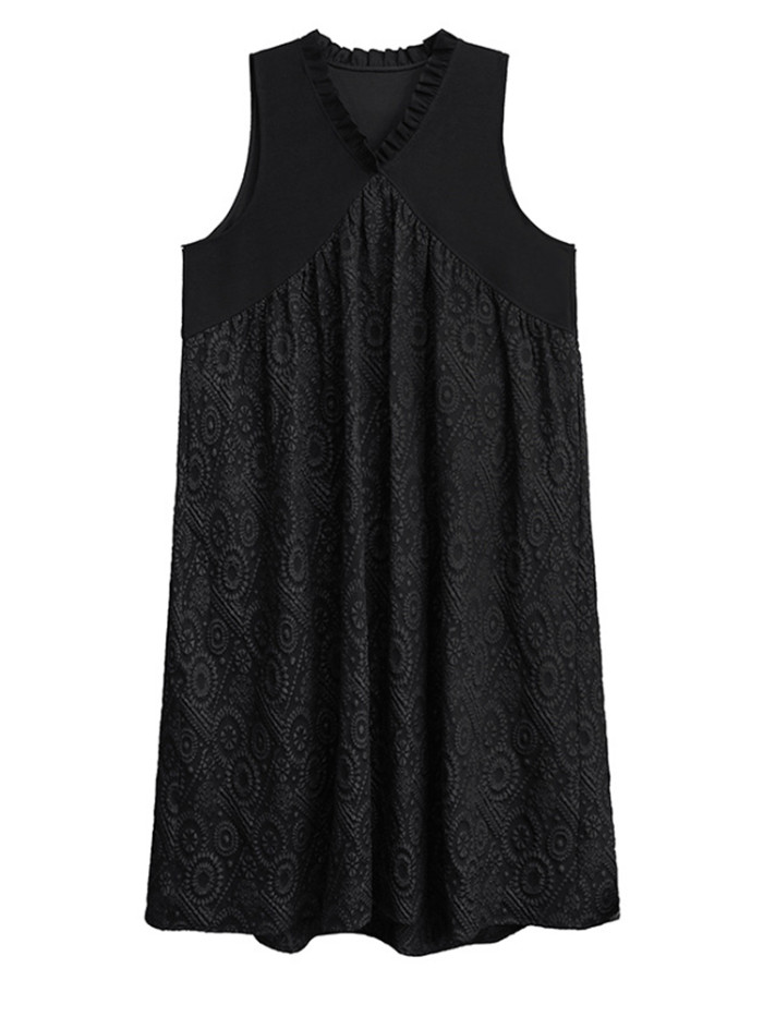 [EAM] Women Black Pattern Textured Big Size Midi Vest Dress New V-Neck Sleeveless Fashion Tide Spring Autumn 2024  1DH8068