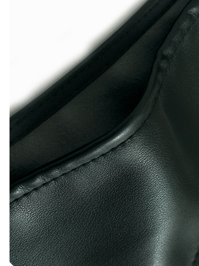 [EAM] Women Black Pu Leather Irregular Hem Big Size Vest Dress New V-Neck Sleeveless Fashion Tide Spring Autumn 2024 1DH8080