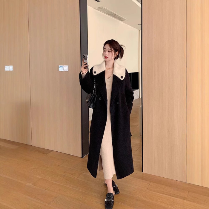 {EAM} Double-sided cashmere coat winter style knitted splicing small fragrance chic Korean version of high-grade woolen coat DLZ309