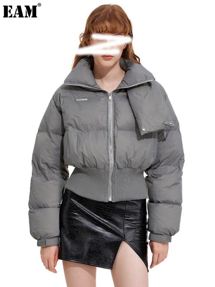 {EAM} Splicing design solid color high neck cotton coat women 2024 winter thick warm short coat bread coat cotton coat DLZ314