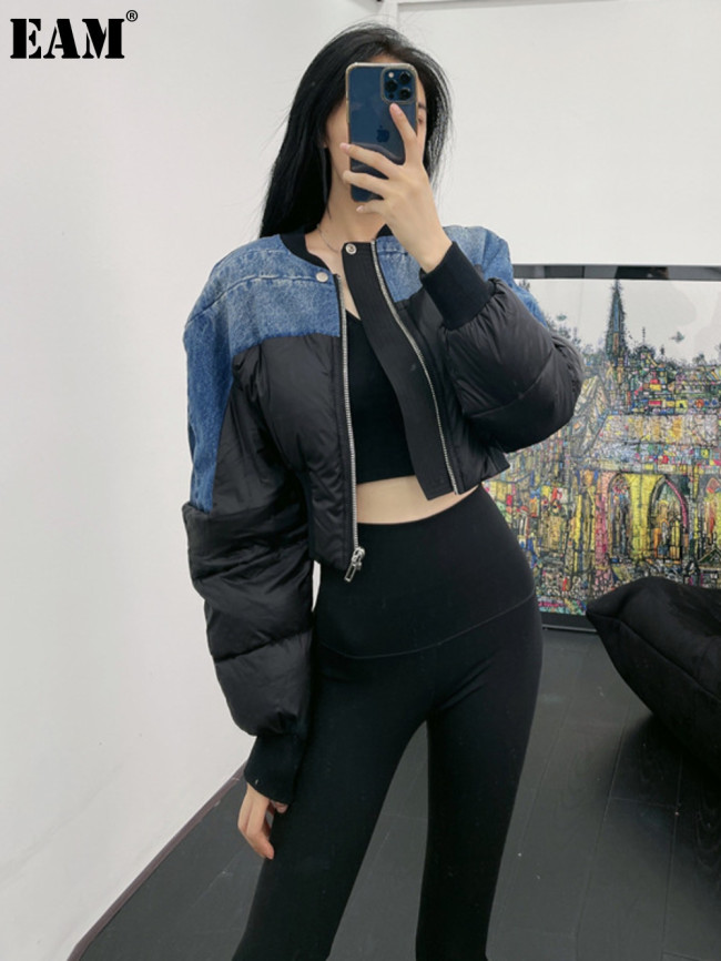 {EAM} Winter new niche design sense high waist splicing short slim-fit cotton-padded women's bread suit DLZ307