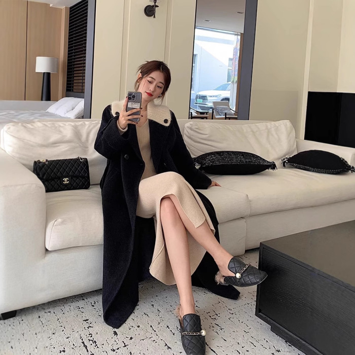 {EAM} Double-sided cashmere coat winter style knitted splicing small fragrance chic Korean version of high-grade woolen coat DLZ309