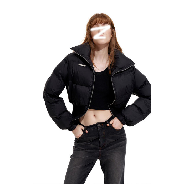 {EAM} Splicing design solid color high neck cotton coat women 2024 winter thick warm short coat bread coat cotton coat DLZ314