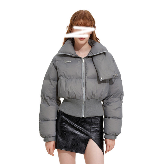 {EAM} Splicing design solid color high neck cotton coat women 2024 winter thick warm short coat bread coat cotton coat DLZ314