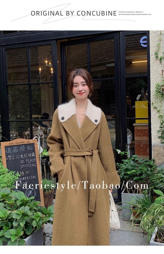 {EAM} Double-sided cashmere coat winter style knitted splicing small fragrance chic Korean version of high-grade woolen coat DLZ309