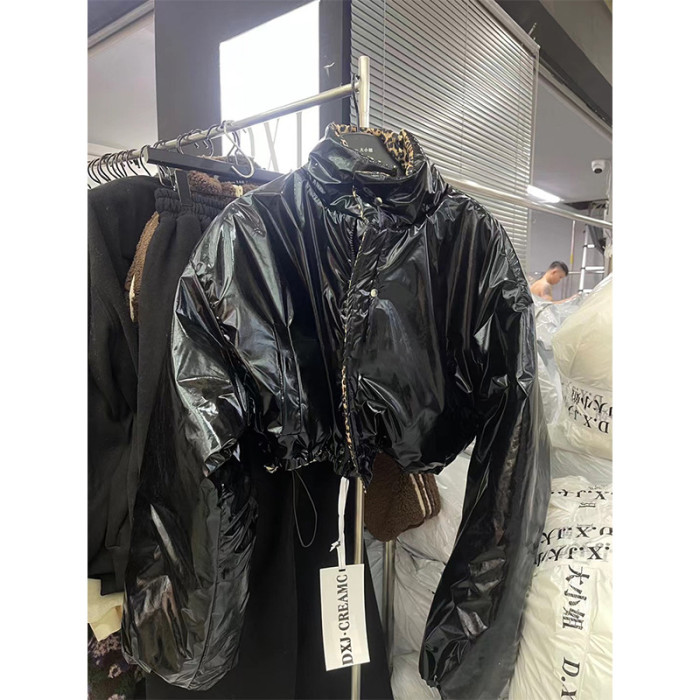 {EAM} 2024 winter leopard print bright face positive and negative two wear cotton jacket draw rope short casual thick coat tide DLZ313