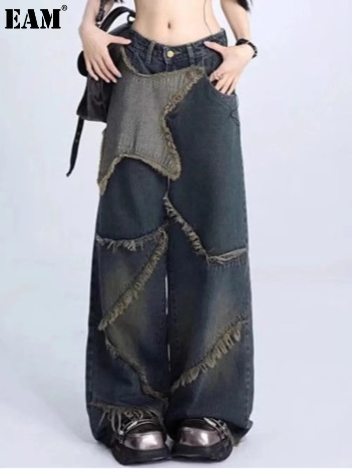 {EAM} Spring and autumn American retro star jeans women y2k high street loose straight tube raw edge mop pants tide DLZ324