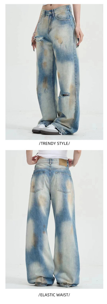 {EAM} Wash to do old jeans men and women straight loose waste soil wind hole, handsome American retro high street pants DLZ319