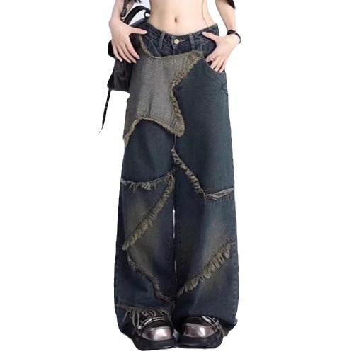 {EAM} Spring and autumn American retro star jeans women y2k high street loose straight tube raw edge mop pants tide DLZ324