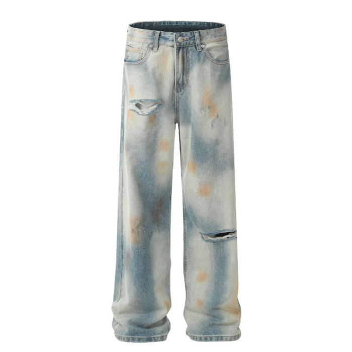 {EAM} Wash to do old jeans men and women straight loose waste soil wind hole, handsome American retro high street pants DLZ319
