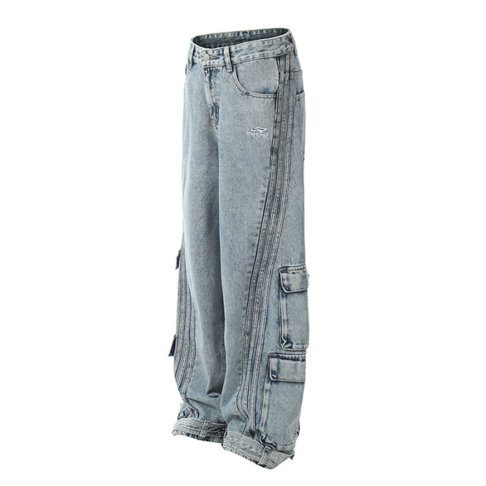 {EAM} Retro American multi-pocket cargo jeans loose straight leg wide casual couple hip hop mop pants DLZ322