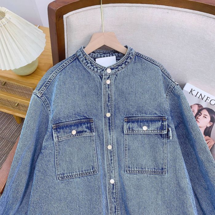 {EAM} Glass cat's eye stone stylish small stand-up collar silhouette denim jacket DLZ321
