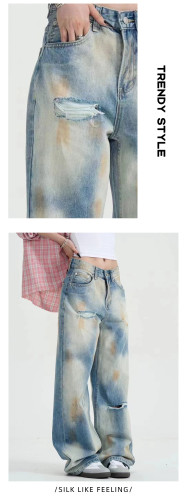 {EAM} Wash to do old jeans men and women straight loose waste soil wind hole, handsome American retro high street pants DLZ319