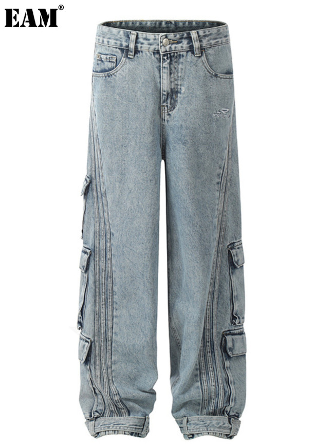 {EAM} Retro American multi-pocket cargo jeans loose straight leg wide casual couple hip hop mop pants DLZ322