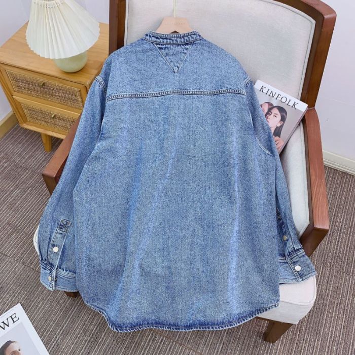{EAM} Glass cat's eye stone stylish small stand-up collar silhouette denim jacket DLZ321
