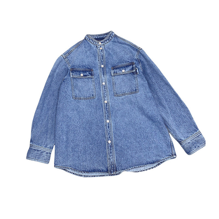 {EAM} Glass cat's eye stone stylish small stand-up collar silhouette denim jacket DLZ321