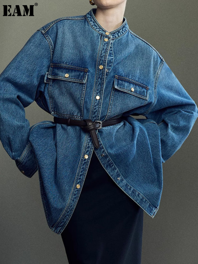 {EAM} Glass cat's eye stone stylish small stand-up collar silhouette denim jacket DLZ321