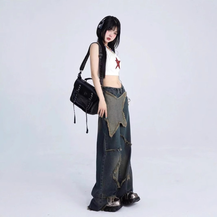 {EAM} Spring and autumn American retro star jeans women y2k high street loose straight tube raw edge mop pants tide DLZ324