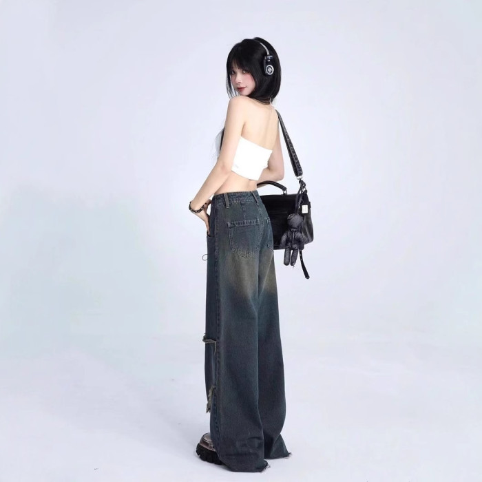 {EAM} Spring and autumn American retro star jeans women y2k high street loose straight tube raw edge mop pants tide DLZ324