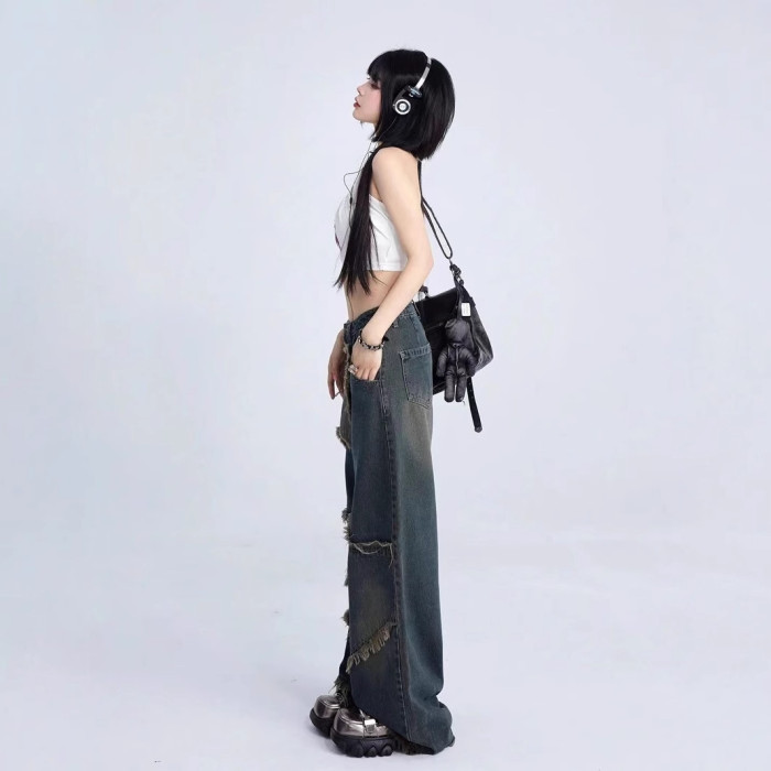 {EAM} Spring and autumn American retro star jeans women y2k high street loose straight tube raw edge mop pants tide DLZ324