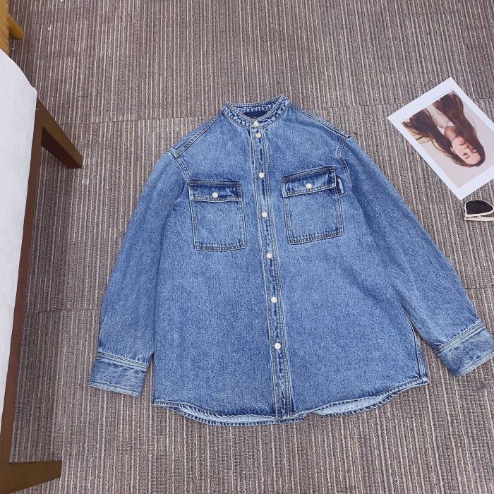 {EAM} Glass cat's eye stone stylish small stand-up collar silhouette denim jacket DLZ321