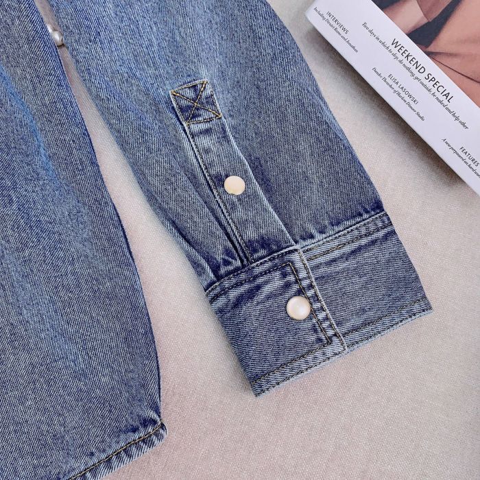 {EAM} Glass cat's eye stone stylish small stand-up collar silhouette denim jacket DLZ321