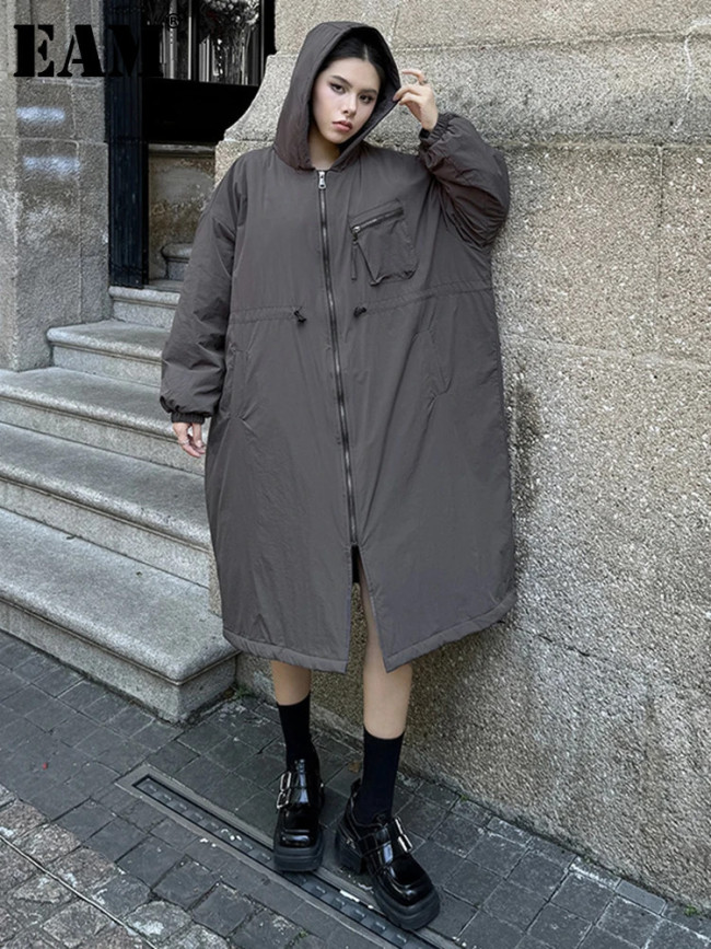 [EAM] Dark Gray Big Size Long Hooded Cotton-padded Coat Long Sleeve Women Parkas Fashion Tide New Autumn Winter  1DH7696