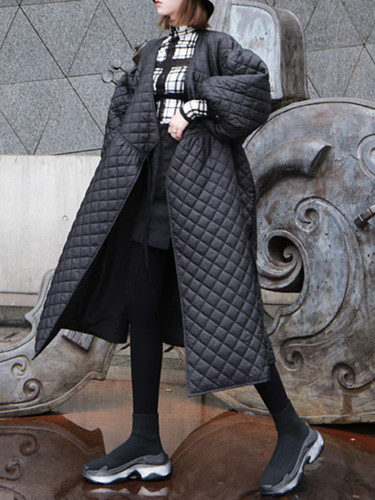 [EAM] Black Bandage Big Size Warm Long Cotton-padded Coat Lantern Sleeve Women Parkas Fashion New Autumn Winter 2024 1DH8180