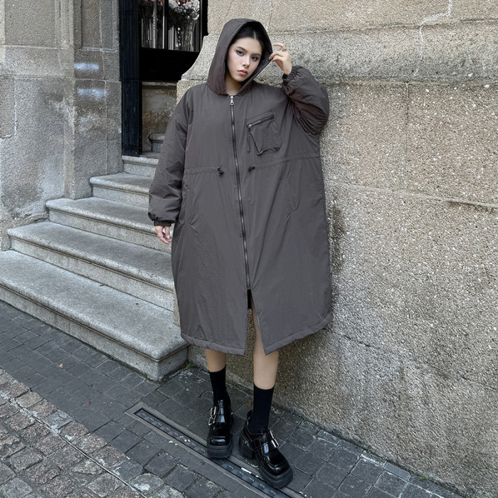 [EAM] Dark Gray Big Size Long Hooded Cotton-padded Coat Long Sleeve Women Parkas Fashion Tide New Autumn Winter  1DH7696