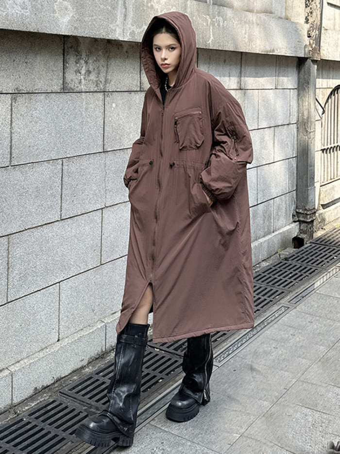 [EAM] Dark Gray Big Size Long Hooded Cotton-padded Coat Long Sleeve Women Parkas Fashion Tide New Autumn Winter  1DH7696