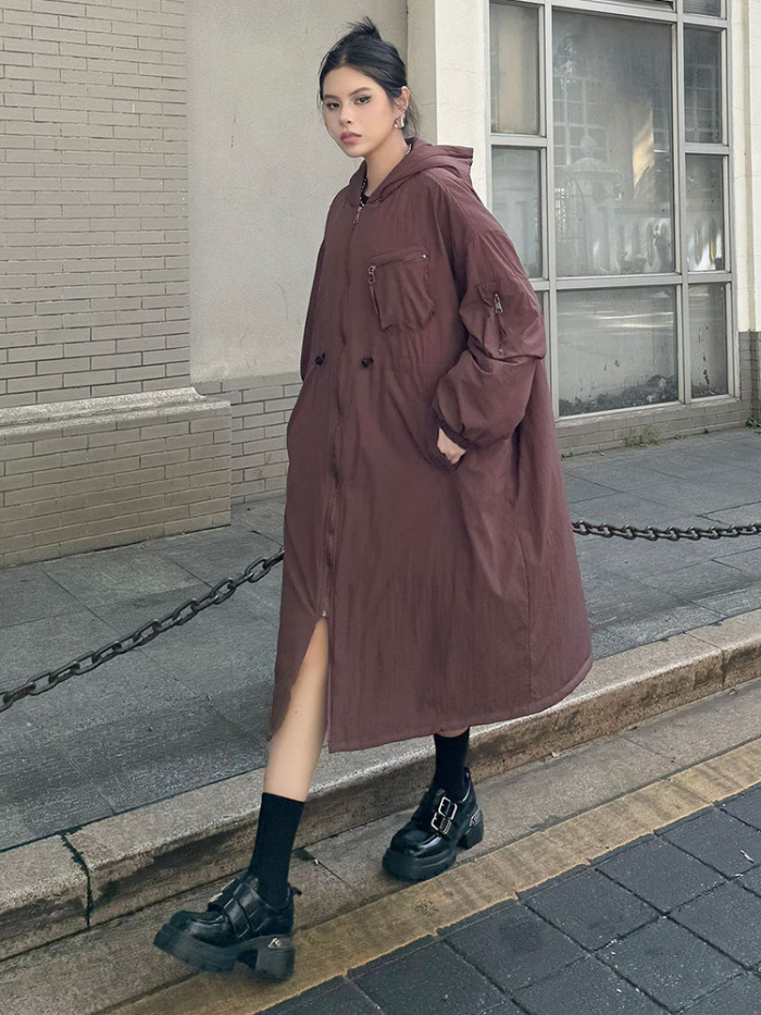 [EAM] Dark Gray Big Size Long Hooded Cotton-padded Coat Long Sleeve Women Parkas Fashion Tide New Autumn Winter  1DH7696