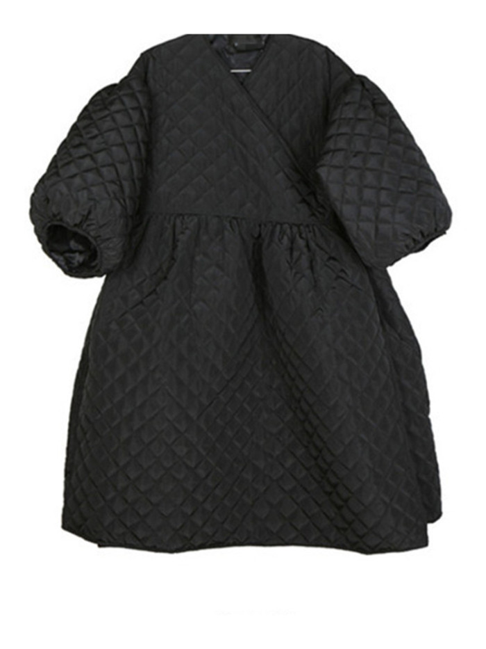 [EAM] Black Bandage Big Size Warm Long Cotton-padded Coat Lantern Sleeve Women Parkas Fashion New Autumn Winter 2024 1DH8180