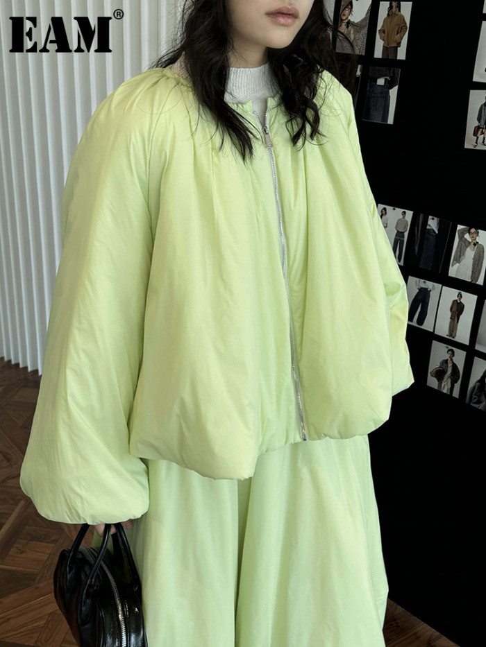[EAM] Green Big Size Warm Casual Cotton-padded Coat Long Sleeve Women Parkas Fashion Tide New Autumn Winter  1DH7815