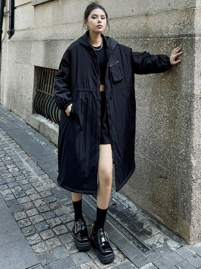 [EAM] Dark Gray Big Size Long Hooded Cotton-padded Coat Long Sleeve Women Parkas Fashion Tide New Autumn Winter  1DH7696