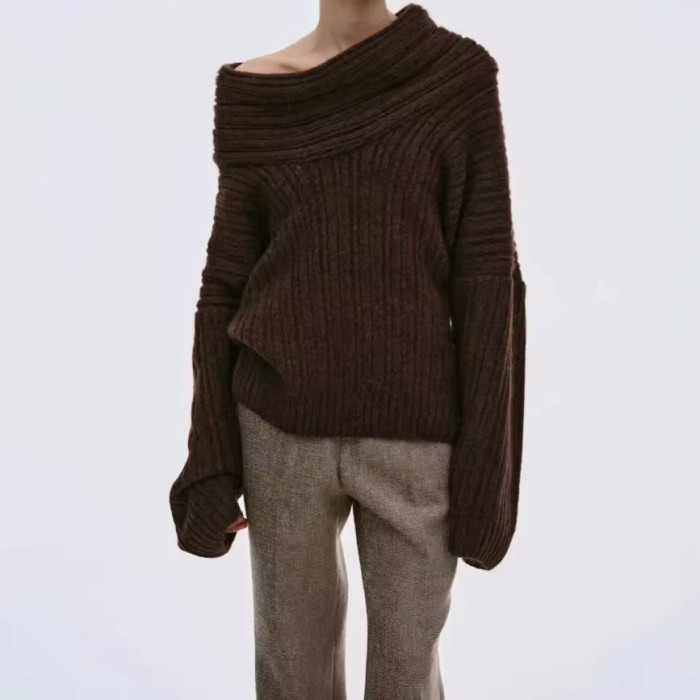 {EAM} Slouchy irregular line neck loose personality pullover off-the-shoulder sweater top DLZ338