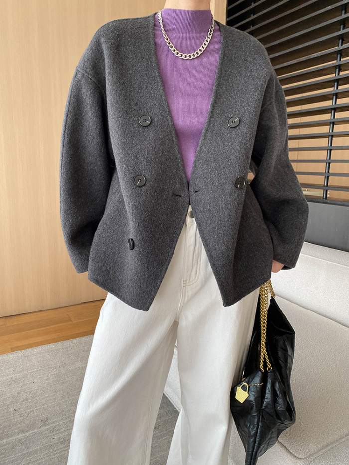 [EAM] Beige Double Breasted Big Size Woolen Coat New V-neck Long Sleeve Women Jacket Fashion Tide Autumn Winter 2024 1DH7364
